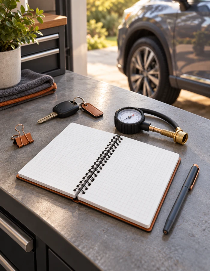 A vehicle maintenance plan, calendar, and car keys
