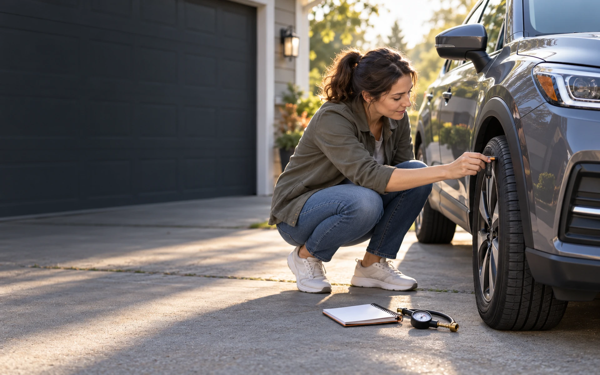 A driver checking a tire beside a parked car in a bright home garage